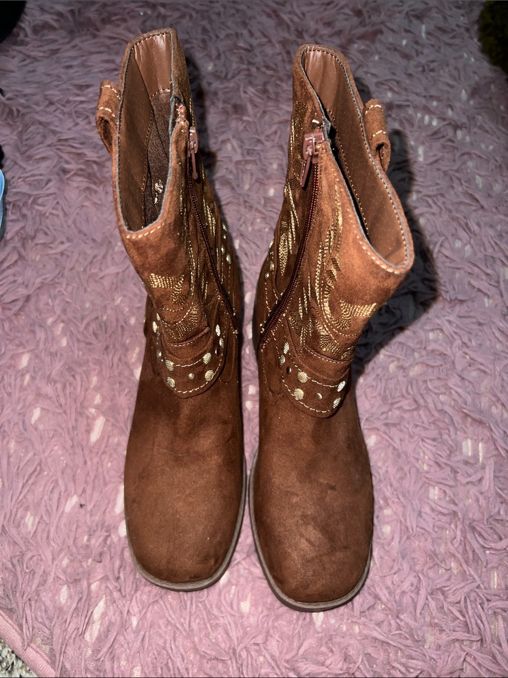 NWOT Sun + Stone Chestnut Suede Western Embroidered Block Heel Boots - Picture 2 of 5